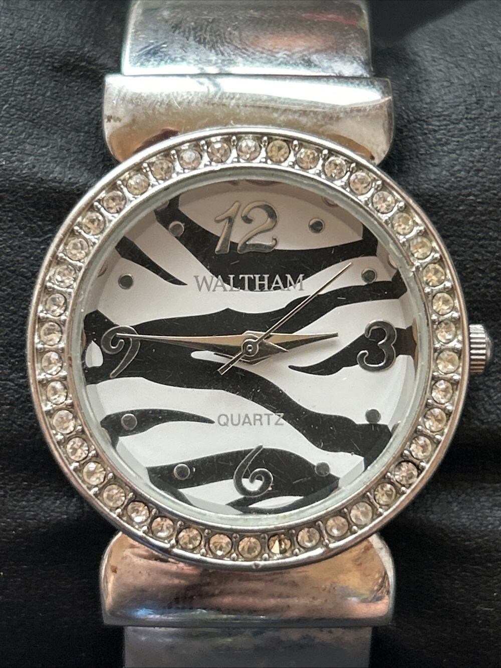 Waltham Zebra Print Dial Silver Tone Women’s Cuff Quartz Watch